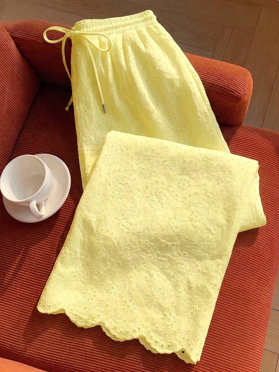 Comfortcana 大尺碼春夏刺繡白色寬鬆長褲 - 黃色 - 查看 1