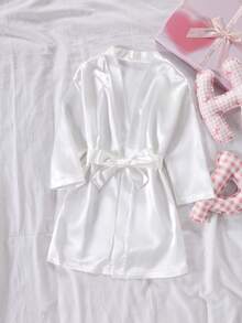 Girls White Soft Satin Long Sleeve Tie-Front Pajamas With Back Graphic Print, Loungewear Crew Neck Cotton Solid Bow Letter Fall Autumn/Winter Set - White - View 2