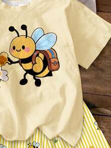 Tween Girl Casual Minimalist Cartoon Pattern Short Sleeve & Shorts 2 Pieces Set, Suitable For Summer - Multicolor - View 6
