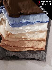 [6 Sets Randomly Send 2 Sets]Young Girl Autumn/Winter Knitted Ribbed Crew Neck Tank Top & Shorts 8-Piece Set, Ribbed Fabric, Grey, Brown, Apricot, Pink, Multicolor, Hot-Selling Casual Base Layer Underwear, 4 Pieces X 2 Sets - Multicolor - View 5