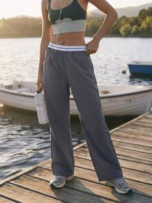 WanderVale Women's Woven Low-Stretch Solid Color Patchwork Waist Casual Long Pants - Dark Grey - View 1