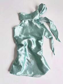 IslaSuriya Women's French Fashion Satin Bow Tie Halter Neck Top - Blue - View 3