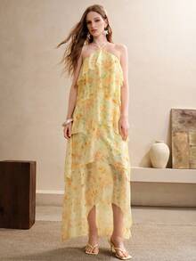 SHEIN Holidaya Vestido de vacaciones con cordones estampado, suelto, sin mangas, tirantes finos, camisola floral, playa, naranja, verano, tropical, bohemio - amarillo ganso - Ver 4