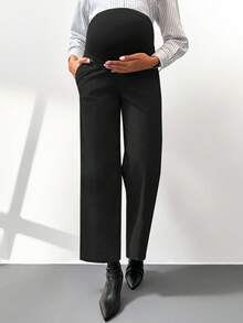 SHEIN Maternity Solid Color Adjustable Waist Wide Leg Loose Casual Pants Fall - Black - View 4