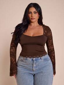 SHEIN BAE Plus Size Women Lace Patchwork Long Sleeve Top - Chocolate Brown - View 3