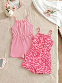 SHEIN Elladie kids Young Girl Vacation Frill Trim Casual Jumpsuit Baby Pink Summer - Pink - View 2