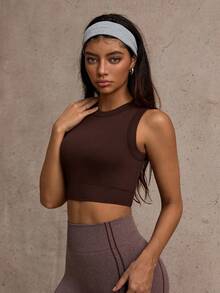 Dewbera Dewbera Women's Ribbed Seamless Naked Feel Yoga Tank Built-In Padded Bra High Stretch For Pilates Cycling - Coffee Brown - View 5