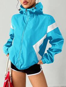 Exploreva Women's Contrast Color Long Sleeve Zipper Front Hooded Sports Jacket - Aqua Blue - View 3