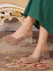 CUCCOO TILAWA Ladies' Fashionable And Elegant Crystal And Glass Rhinestone Pointed Champagne High-Heeled Shoes, Suitable For Going Out, Banquets, Parties And Other - Champagne - View 8