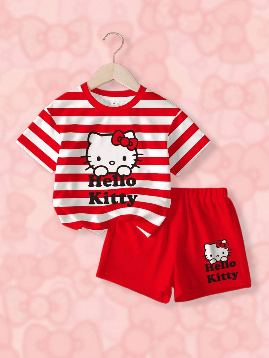 HELLO KITTY AND FRIENDS | SHEIN 女童圆领短袖条纹休闲卡通可爱印花T恤套装,夏季 - 白色 - 查看 1
