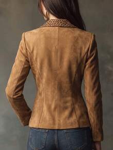 Yalmera Women's Woven Casual Contrast Leopard Jacket - Coffee Brown - View 2