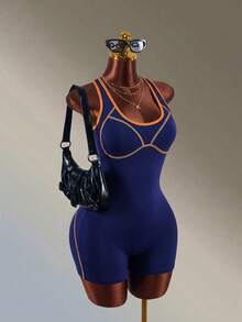 Amplova Marineblau + Orange Farbblock Rückenfrei Neckholder Sport-Romper - marineblau - Übersicht 5