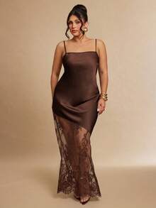 SHEIN BAE Plus Size Women's Spring/Summer Woven Satin Fresh Daily Versatile Asymmetrical Hem Design Lace Long Dress - Brown - View 5