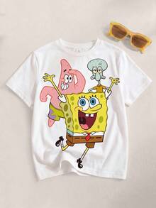 SpongeBob SquarePants | SHEIN 青少年男孩休闲日常圆领短袖T恤，夏季 - 白色 - 查看 1