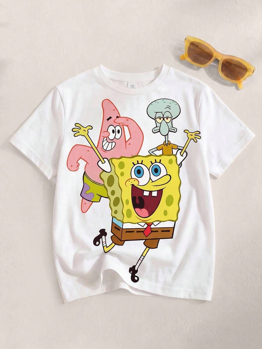 SpongeBob SquarePants | SHEIN 青少年男孩休闲日常圆领短袖T恤,夏季 - 白色 - 查看 1