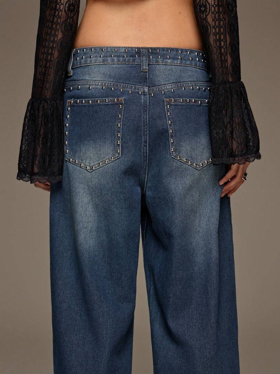 BAD SUNDAY Women's Casual Street Washed Beaded Decor Denim Jeans Going Out Night Out Light Blue Summer - Blue - View 1