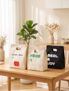 Haus Hana 1pc/2pcs Portable Thermal Food Carry Pouch, Sturdy Heavy Canvas Fabric With Heat Preserving Inner Layer, Minimal Fruit Text Graphic Spacious Snack Container For Daily Travel Workplace Meal Arrangement, Gift For Daily Commuting Adults Birthday Gift - Multicolor - View 9