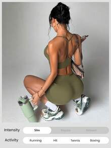 Slayform Slayform 2pcs Women's Seamless Adjustable Strap Scoop Neck Sports Bra And 3/4 Shorts Workout Athleisure Athletic Set For Running Fitness Olive Green - Army Green - View 3