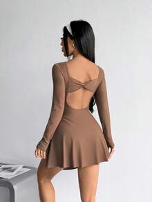 Dewbera Dewbera 1pc Solid Color Backless Cutout Shorts Skirt Design Women's Sports Dress - Brown - View 7