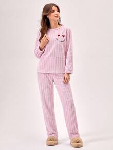 RueChic Heart And Letter Embroidered Flannel Homewear Set - Pink - View 3