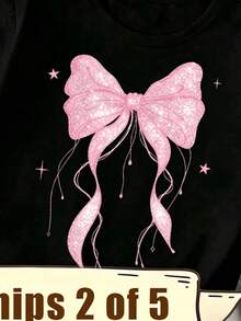 (隨機發貨 2/5) 女孩時尚清新亮片粉色蝴蝶結裝飾圖案印花基本款短袖T恤 返校季 - 彩色 - 查看 8