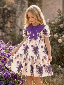 SHEIN Vintaside Kids 少女夏季海灘度假花卉印花洋裝 - 淡紫色 - 查看 1