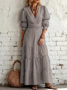 LUMIGAL Women's Striped Deep V-Neck Ruffle Hem Casual Vacation Dress - Coffee Brown - View 4