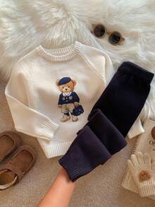 Young Boy Cartoon Bear Kids Pattern Knitted Soft Crew Neck Long Sleeve Pullover Sweater And Elastic Waist Long Autumn Pants 2-Piece Set - Multicolor - View 5