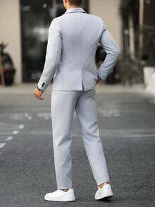 Manfinity Mode Men's Light Grey Suit Set, Autumn Business Casual Office Solid Color Casual Business Suit Featuring Pocket And Waistband Design For Daily Commute, Formal - Grey - View 2