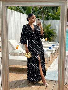SHEIN Lady CURVE 大尺碼女款V領波點開衩設計休閒日常洋裝 - 黑色 - 查看 5