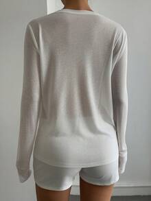 Livesso Tall Women's Round Neck Long Sleeve Semi-Sheer Pullover T-Shirt With Woven Label Decoration Fall - White - View 2