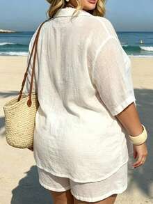 Swim Vcay 2026 New Plus Size Woven Cover Up And Shorts Set, Elegant Vacation Style Cover-Up Swimsuit - White - View 5