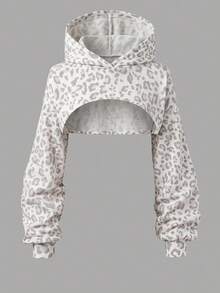 SHEIN Tween女孩休閒日常短版紋理白色豹紋長袖衛衣，街頭風 - 彩色 - 查看 3