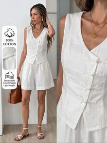 Easowa Vest Shirt And Diagonal Pocket Elastic Waist Wide Leg Shorts 5-Point Pants Set, 100% Cotton Traceable Cotton Fabric,Autumn/Winter Women's 2-Piece Set - White - View 4