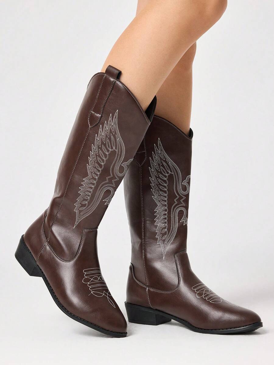 ROMWE Fairycore Women's Western Boots, Pointed V-Cut Thick Heel Embroidered Boots, Low Heel Clogs, Zip Knight Boots And Ankle Boots Spring Shoes - Dark brown + white line butterfly - View 1