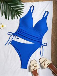Swim SXY 女款夏季海灘兩件式比基尼泳衣套裝 多色豹紋 深V領 雙肩帶 抓皺休閒泳裝 - 寶藍色 - 查看 5
