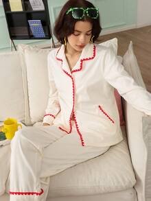 Chillnights Women's Shell Embroidery Contrast Color Pocket Top And Long Pants Pajama Set Sleep Red And White Checkered Autumn Cute Kawaii - White - View 6