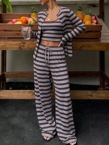 SHEIN EZwear 女款棕色條紋細肩帶背心、長褲與開襟衫休閒法式日常居家居家服旅行套裝，適合秋季早午餐旅行 - 彩色 - 查看 2