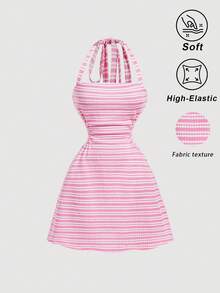 SHEIN MOD 女款條紋掛脖綁帶休閒派對洋裝 - 粉色 - 查看 1