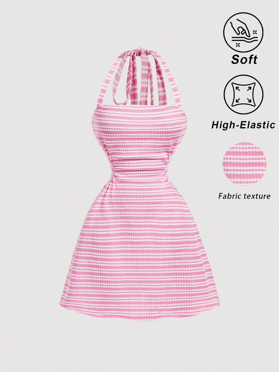 SHEIN MOD 女款條紋掛脖綁帶休閒派對洋裝 - 粉色 - 查看 1