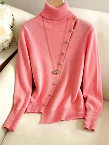GlowEve Light Pink High Neck Slim Fit Knitted Sweater For Women, Autumn/Winter Niche Design, Asymmetrical Collar, Fitted Slimming Knit Top Brunch Elegant - Pink - View 2