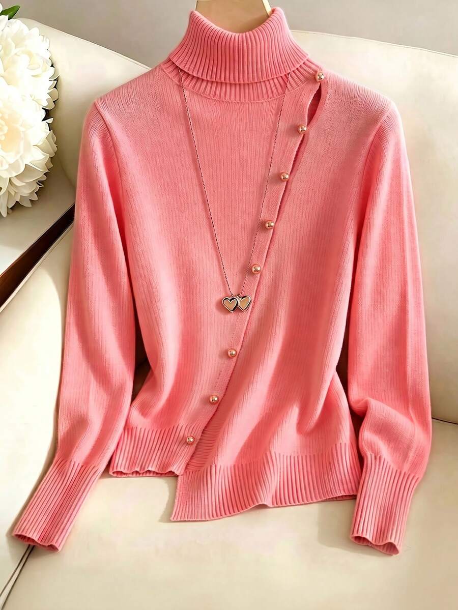 GlowEve Light Pink High Neck Slim Fit Knitted Sweater For Women, Autumn/Winter Niche Design, Asymmetrical Collar, Fitted Slimming Knit Top Brunch Elegant