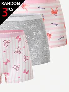 SHEIN 【3件隨機款】女童可愛俏皮快樂卡通蝴蝶結愛心印花純棉四角內褲，冬季嬰兒粉 - 彩色 - 查看 3