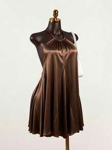 SaltGleam SaltGleam Women's Solid Color Pleated Halter Tie Backless Sexy Casual Dress - Brown - View 4