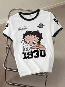 Betty Boop x SHEIN 女士字母和人像印花休闲圆领短袖T恤，夏季 - 白色 - 查看 1