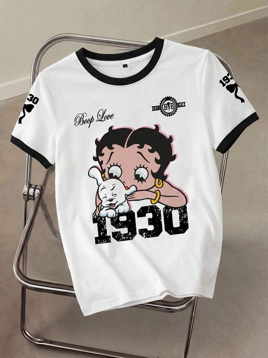 Betty Boop x SHEIN 女士字母和人像印花休闲圆领短袖T恤,夏季 - 白色 - 查看 1