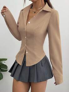 Sweetra 女款素色長袖單排扣休閒通勤襯衫 - 卡其色 - 查看 5