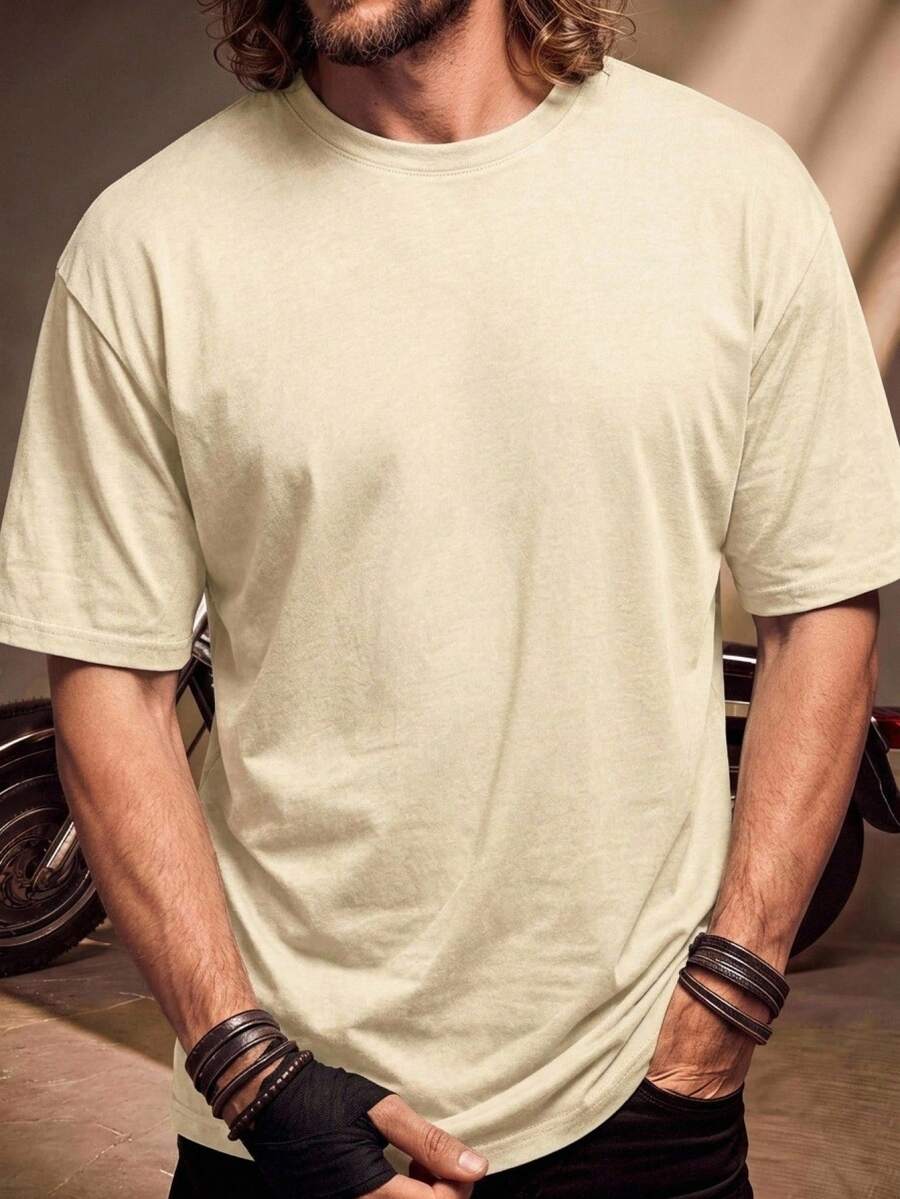 Manfinity Homme Men's Plus Size Simple Plain Daily T-Shirt - Khaki - View 1