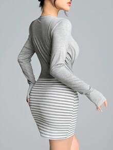 DAZY Summer Autumn Grey Slim Fit Striped Cami Dress Tie-Up Cardigan 2 Pieces Set Women's Sporty Casual Modest Loungewear Outfit Korean Style Y2K Gym - Grey - View 8