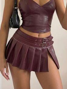SHEIN ICON 女士纯色褶皱休闲松紧腰开衩中长裙 - 酒紅色 - 查看 3